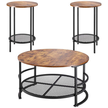 3 Pieces Round Coffee Table Set 80 cm with 2 End Tables for Living Room.