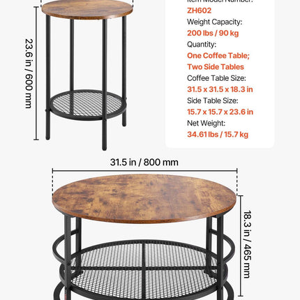 3 Pieces Round Coffee Table Set 80 cm with 2 End Tables for Living Room.