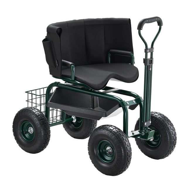 Rolling Garden Cart with Swivel Seat Wheels Extendable Handle Storage Box.