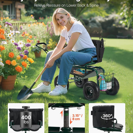 Rolling Garden Cart with Swivel Seat Wheels Extendable Handle Storage Box.