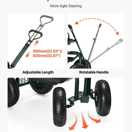 Rolling Garden Cart with Swivel Seat Wheels Extendable Handle Storage Box.