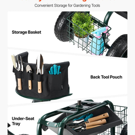 Rolling Garden Cart with Swivel Seat Wheels Extendable Handle Storage Box.