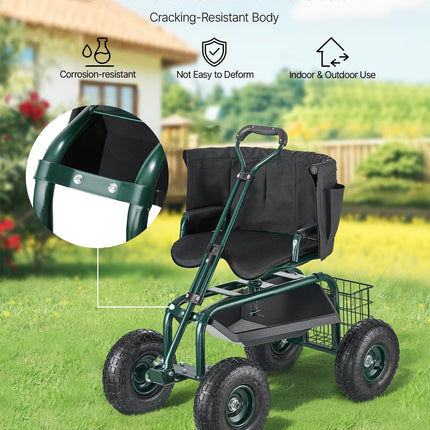 Rolling Garden Cart with Swivel Seat Wheels Extendable Handle Storage Box.