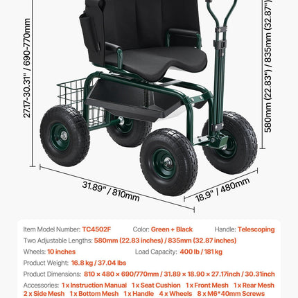 Rolling Garden Cart with Swivel Seat Wheels Extendable Handle Storage Box.