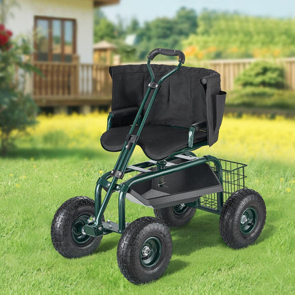 Rolling Garden Cart with Swivel Seat Wheels Extendable Handle Storage Box.