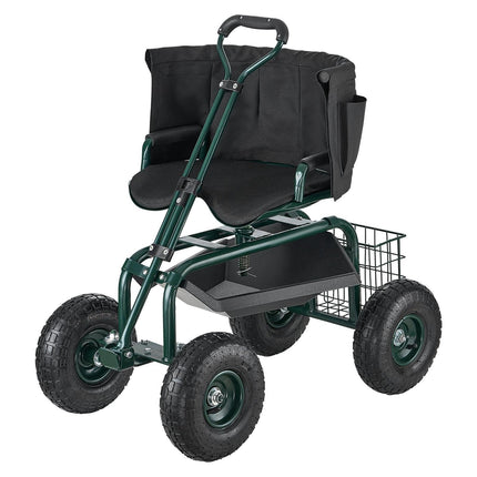 Rolling Garden Cart with Swivel Seat Wheels Extendable Handle Storage Box.