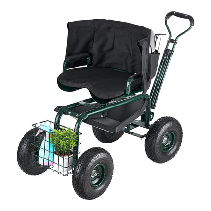 Rolling Garden Cart with Swivel Seat Wheels Extendable Handle Storage Box.