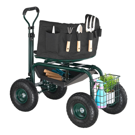 Rolling Garden Cart with Swivel Seat Wheels Extendable Handle Storage Box.