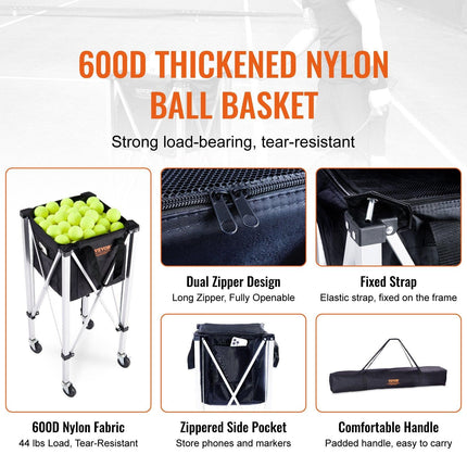 Foldable Tennis Ball Hopper, Holds 150 Tennis Balls, Lightweight Aluminum Alloy Tennis Ball Basket Cart with Wheels, Removable Bag, Carry Bag, Portable Sports Teaching Cart for Tennis Player.