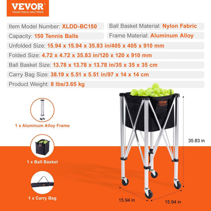 Foldable Tennis Ball Hopper, Holds 150 Tennis Balls, Lightweight Aluminum Alloy Tennis Ball Basket Cart with Wheels, Removable Bag, Carry Bag, Portable Sports Teaching Cart for Tennis Player.