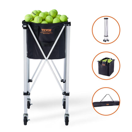 Foldable Tennis Ball Hopper, Holds 150 Tennis Balls, Lightweight Aluminum Alloy Tennis Ball Basket Cart with Wheels, Removable Bag, Carry Bag, Portable Sports Teaching Cart for Tennis Player.