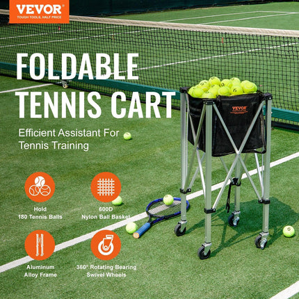 Foldable Tennis Ball Hopper, Holds 180 Tennis Balls, Lightweight Aluminum Alloy Tennis Ball Basket Cart with Wheels, Removable Bag, Carry Bag, Portable Sports Teaching Cart for Tennis Player.
