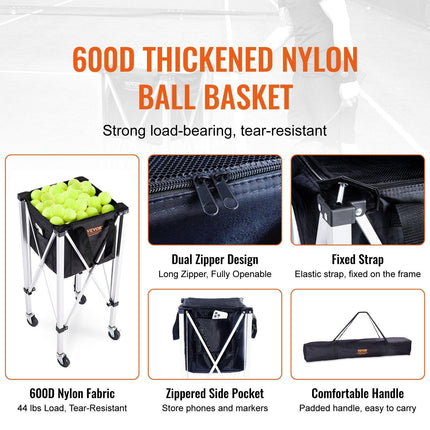 Foldable Tennis Ball Hopper, Holds 180 Tennis Balls, Lightweight Aluminum Alloy Tennis Ball Basket Cart with Wheels, Removable Bag, Carry Bag, Portable Sports Teaching Cart for Tennis Player.