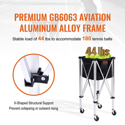 Foldable Tennis Ball Hopper, Holds 180 Tennis Balls, Lightweight Aluminum Alloy Tennis Ball Basket Cart with Wheels, Removable Bag, Carry Bag, Portable Sports Teaching Cart for Tennis Player.