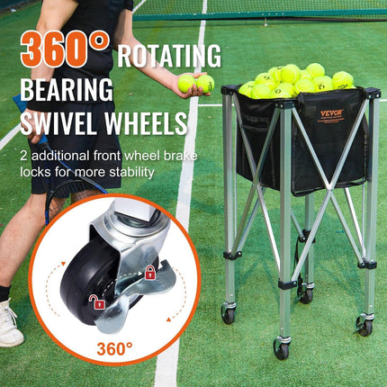 Foldable Tennis Ball Hopper, Holds 180 Tennis Balls, Lightweight Aluminum Alloy Tennis Ball Basket Cart with Wheels, Removable Bag, Carry Bag, Portable Sports Teaching Cart for Tennis Player.