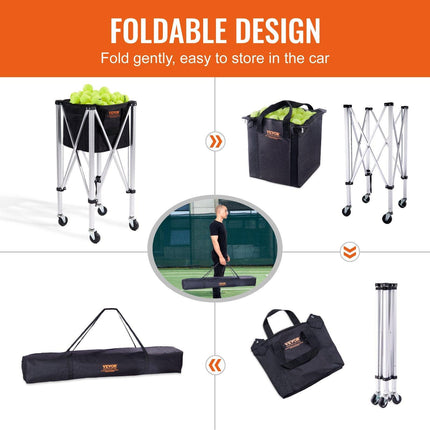 Foldable Tennis Ball Hopper, Holds 180 Tennis Balls, Lightweight Aluminum Alloy Tennis Ball Basket Cart with Wheels, Removable Bag, Carry Bag, Portable Sports Teaching Cart for Tennis Player.