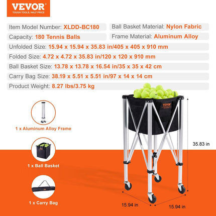 Foldable Tennis Ball Hopper, Holds 180 Tennis Balls, Lightweight Aluminum Alloy Tennis Ball Basket Cart with Wheels, Removable Bag, Carry Bag, Portable Sports Teaching Cart for Tennis Player.