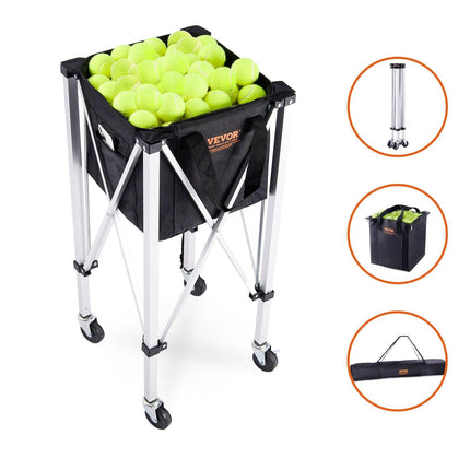 Foldable Tennis Ball Hopper, Holds 180 Tennis Balls, Lightweight Aluminum Alloy Tennis Ball Basket Cart with Wheels, Removable Bag, Carry Bag, Portable Sports Teaching Cart for Tennis Player.