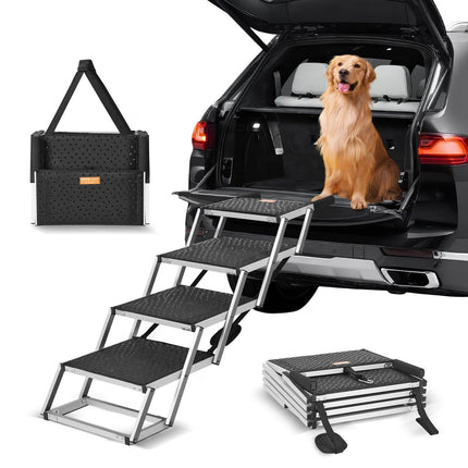 Dog Stair for Cars 4-step Folding Dog Steps Aluminum Loads up to 150 lbs, Foldable 24-25.4 in Adjustable Height.