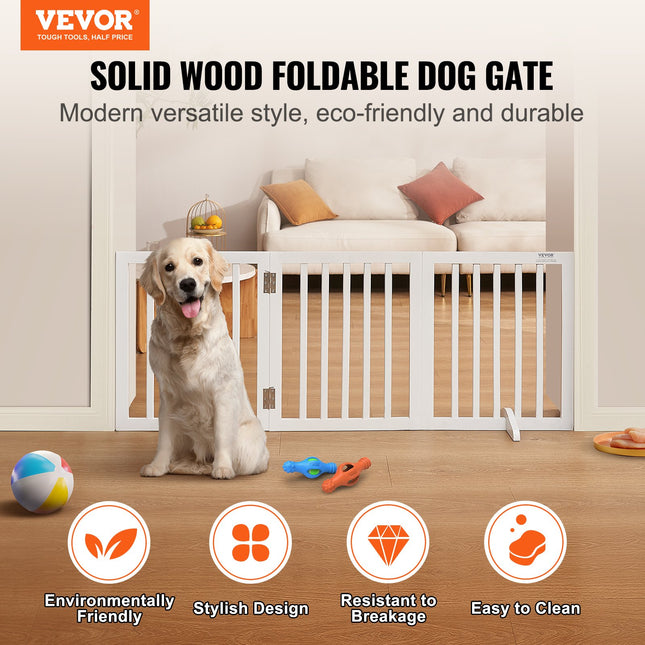 Free Standing Dog Gate, 24" H x 60" W Freestanding Pet Gate, 3 Panels Foldable Dog Gate for Wide and Narrow Passageways, Expandable Dog Barrier with Silent Foot Support for Indoor, White.