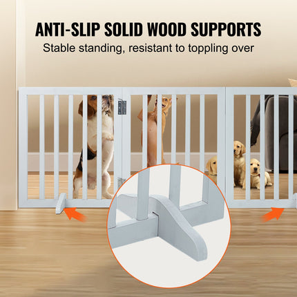 Free Standing Dog Gate, 24" H x 60" W Freestanding Pet Gate, 3 Panels Foldable Dog Gate for Wide and Narrow Passageways, Expandable Dog Barrier with Silent Foot Support for Indoor, White.