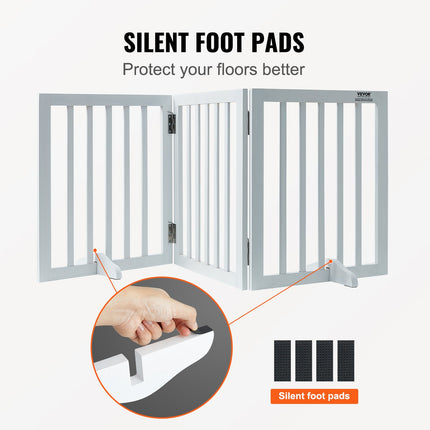 Free Standing Dog Gate, 24" H x 60" W Freestanding Pet Gate, 3 Panels Foldable Dog Gate for Wide and Narrow Passageways, Expandable Dog Barrier with Silent Foot Support for Indoor, White.