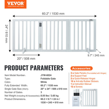 Free Standing Dog Gate, 24" H x 60" W Freestanding Pet Gate, 3 Panels Foldable Dog Gate for Wide and Narrow Passageways, Expandable Dog Barrier with Silent Foot Support for Indoor, White.