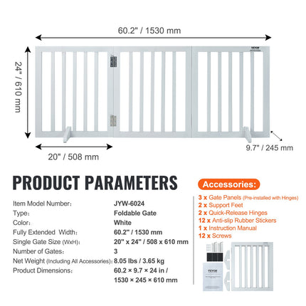 Free Standing Dog Gate, 24" H x 60" W Freestanding Pet Gate, 3 Panels Foldable Dog Gate for Wide and Narrow Passageways, Expandable Dog Barrier with Silent Foot Support for Indoor, White.