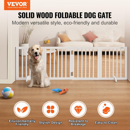 Free Standing Dog Gate, 24" H x 80.3" W Freestanding Pet Gate, 4 Panels Foldable Dog Gate for Wide and Narrow Passageways, Expandable Dog Barrier with Silent Foot Support for Indoor, White.