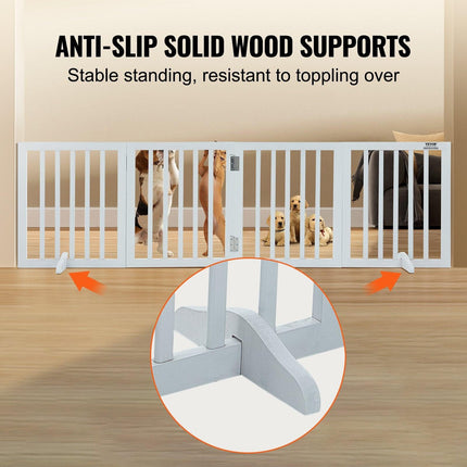Free Standing Dog Gate, 24" H x 80.3" W Freestanding Pet Gate, 4 Panels Foldable Dog Gate for Wide and Narrow Passageways, Expandable Dog Barrier with Silent Foot Support for Indoor, White.