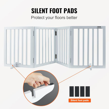 Free Standing Dog Gate, 24" H x 80.3" W Freestanding Pet Gate, 4 Panels Foldable Dog Gate for Wide and Narrow Passageways, Expandable Dog Barrier with Silent Foot Support for Indoor, White.