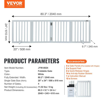 Free Standing Dog Gate, 24" H x 80.3" W Freestanding Pet Gate, 4 Panels Foldable Dog Gate for Wide and Narrow Passageways, Expandable Dog Barrier with Silent Foot Support for Indoor, White.