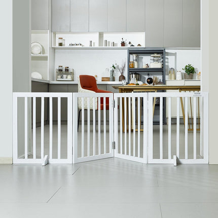 Free Standing Dog Gate, 24" H x 80.3" W Freestanding Pet Gate, 4 Panels Foldable Dog Gate for Wide and Narrow Passageways, Expandable Dog Barrier with Silent Foot Support for Indoor, White.