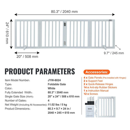 Free Standing Dog Gate, 24" H x 80.3" W Freestanding Pet Gate, 4 Panels Foldable Dog Gate for Wide and Narrow Passageways, Expandable Dog Barrier with Silent Foot Support for Indoor, White.
