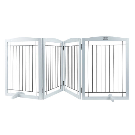 Free Standing Dog Gate, 32" H x 96.5" W Freestanding Pet Gate, 4 Panels Foldable Dog Gate for Wide and Narrow Passageways, Expandable Dog Barrier with Silent Foot Support for Indoor, White.