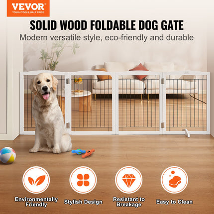 Free Standing Dog Gate, 32" H x 96.5" W Freestanding Pet Gate, 4 Panels Foldable Dog Gate for Wide and Narrow Passageways, Expandable Dog Barrier with Silent Foot Support for Indoor, White.