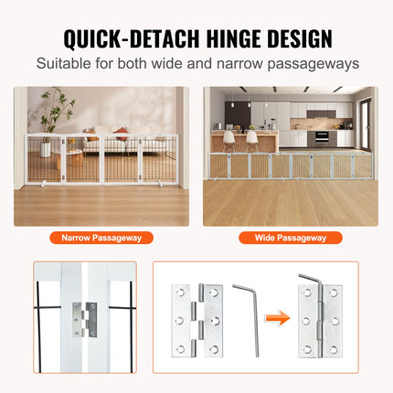 Free Standing Dog Gate, 32" H x 96.5" W Freestanding Pet Gate, 4 Panels Foldable Dog Gate for Wide and Narrow Passageways, Expandable Dog Barrier with Silent Foot Support for Indoor, White.