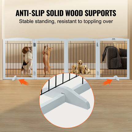 Free Standing Dog Gate, 32" H x 96.5" W Freestanding Pet Gate, 4 Panels Foldable Dog Gate for Wide and Narrow Passageways, Expandable Dog Barrier with Silent Foot Support for Indoor, White.