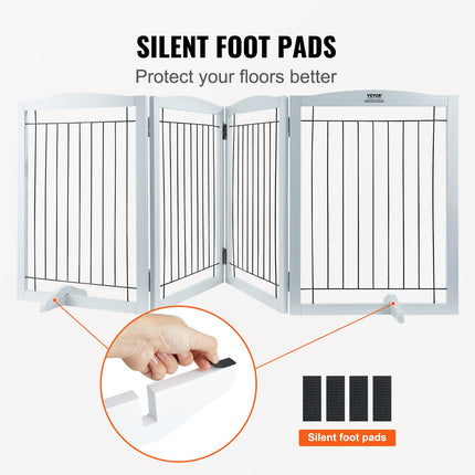 Free Standing Dog Gate, 32" H x 96.5" W Freestanding Pet Gate, 4 Panels Foldable Dog Gate for Wide and Narrow Passageways, Expandable Dog Barrier with Silent Foot Support for Indoor, White.