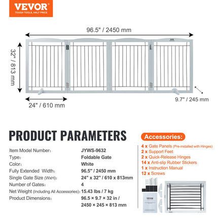 Free Standing Dog Gate, 32" H x 96.5" W Freestanding Pet Gate, 4 Panels Foldable Dog Gate for Wide and Narrow Passageways, Expandable Dog Barrier with Silent Foot Support for Indoor, White.
