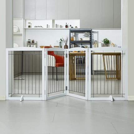 Free Standing Dog Gate, 32" H x 96.5" W Freestanding Pet Gate, 4 Panels Foldable Dog Gate for Wide and Narrow Passageways, Expandable Dog Barrier with Silent Foot Support for Indoor, White.