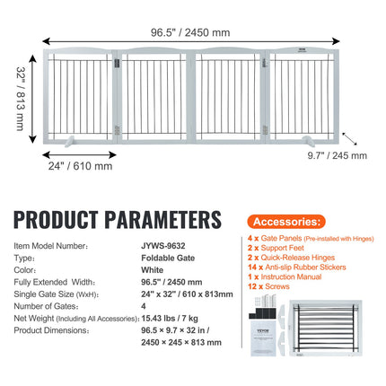 Free Standing Dog Gate, 32" H x 96.5" W Freestanding Pet Gate, 4 Panels Foldable Dog Gate for Wide and Narrow Passageways, Expandable Dog Barrier with Silent Foot Support for Indoor, White.