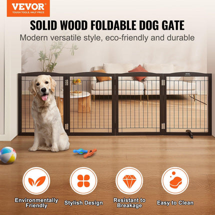 Free Standing Dog Gate 32x96.5 inch Freestanding Pet Gate Foldable Brown.