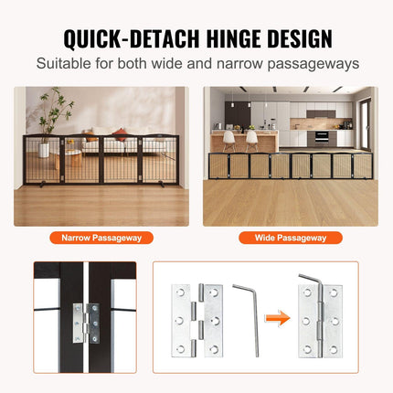 Free Standing Dog Gate 32x96.5 inch Freestanding Pet Gate Foldable Brown.