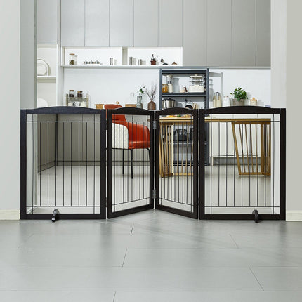 Free Standing Dog Gate 32x96.5 inch Freestanding Pet Gate Foldable Brown.