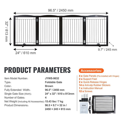 Free Standing Dog Gate 32x96.5 inch Freestanding Pet Gate Foldable Brown.