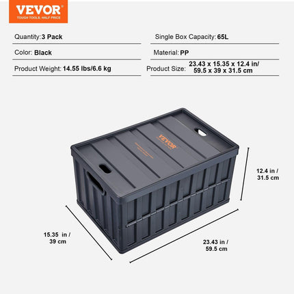 Collapsible Storage Bins with Lids, 65L 3 Packs, Folding Plastic Stackable Utility Crates with Handles, Large Heavy Duty Containers for Clothes, Toys, Books, Snack, Shoes, and Grocery Organizing.