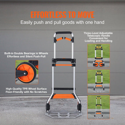Folding Hand Truck, 140 kg Load Capacity, Aluminum Portable Cart, Convertible Hand Truck and Dolly with Telescoping Handle and PP+TPR Wheels, Ultra Lightweight Super Strong for Moving Warehouse.