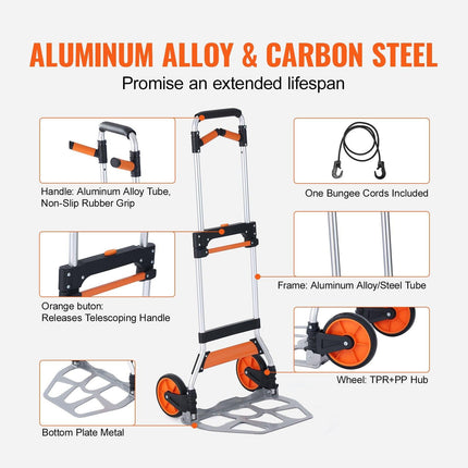 Folding Hand Truck, 140 kg Load Capacity, Aluminum Portable Cart, Convertible Hand Truck and Dolly with Telescoping Handle and PP+TPR Wheels, Ultra Lightweight Super Strong for Moving Warehouse.