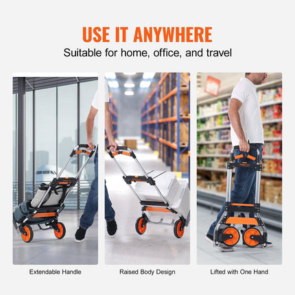 Folding Hand Truck, 140 kg Load Capacity, Aluminum Portable Cart, Convertible Hand Truck and Dolly with Telescoping Handle and PP+TPR Wheels, Ultra Lightweight Super Strong for Moving Warehouse.